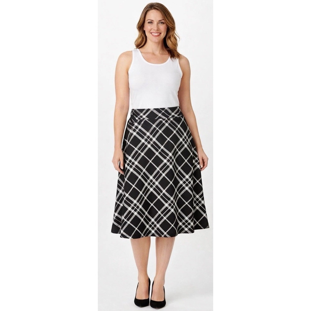 Zac & Rachel Black White Plaid A-Line Midi Skirt Womens 14 Pull On Stretch